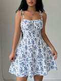 Women Floral Short Dress Square Neck Dresss