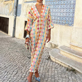 Women's Printed V-Neck Lantern Sleeve Dress