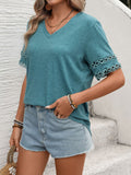Women Solid Color V-Neck Lace Splicing Short Sleeve Loose T-Shirt Top