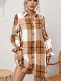 Women's Long Sleeve Flannel Plaid Button Down Shirts Lapels Casual Blouse
