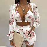 Sexy Beach Vacation Style Printed Shorts Three-piece Set