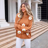 Women's Pullover Flower Sweater Crew Neck Long Sleeves