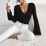 Women's V-Neck Flared Sleeve Slim-Fit Shirt Knitted Top