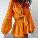 Women's Casual Solid Color Ruffle Shirt Shorts Set