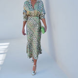 Women Elegant Lapel Print High Waist Dress