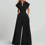 Women's Fashion V-neck Solid Color Slim-fit Wide-leg Jumpsuit