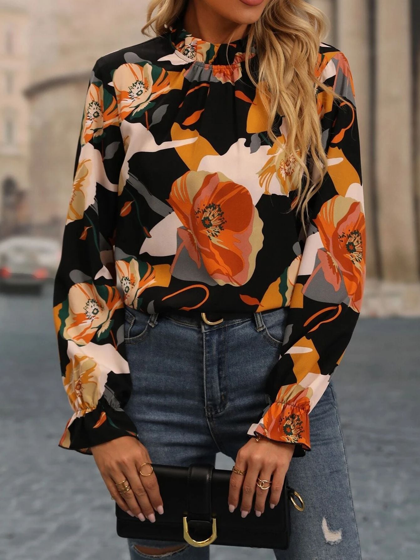 Women's Round Neck Printed Long Sleeve Blouse Shirt Top