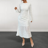 Elegant Fishtail Dress Long Sleeve Lace Solid Color Dress