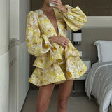 Women's Elegant Fashion V-neck Bubble Sleeve Ruffle Edge Dress