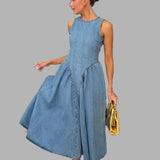 Women's Fashion Solid Color Crew Neck Waist Dress
