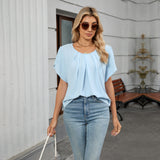 Women Crew Neck Short Sleeve Pleated Loose Chiffon Top