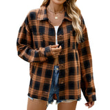Lapel Long Sleeve Pocket Button Plaid Shirt Top Women