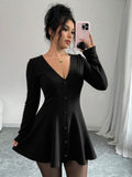 Womens Knitted Long Sleeve Solid Color Mini Dress
