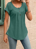 Women Solid Color Crew Neck Button Short Sleeve T-Shirt