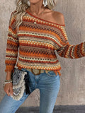 Womens Bohemian Contrast Striped Off-Shoulder Long Sleeve Knitted T-Shirt