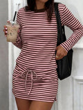 Women Retro Style Crew Neck Slim Drawstring Set