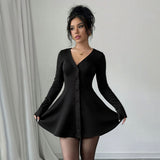 Womens Knitted Long Sleeve Solid Color Mini Dress