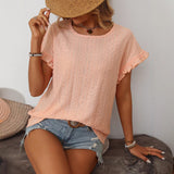 Solid Color Crew Neck Sweet Short-sleeved T-shirt Hollow Top