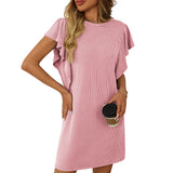 Women's Contrasting Color Twisted Ruffle Sleeve Midi Dress