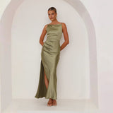 Women Solid Color Sexy Halter Split Medium and Long Sleeveless Dress