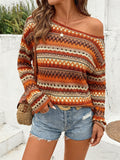 Womens Bohemian Contrast Striped Off-Shoulder Long Sleeve Knitted T-Shirt