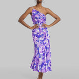 Womens Print Slant Neck Off-the-shoulder Dress