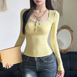Womens Lace V-Neck Long Sleeve T-Shirt
