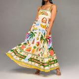 Elegant Printed High Waist Suspender Dress Long Dress