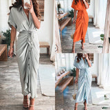 Elegant Short Sleeve Printed High Waist Dress Long Dress