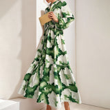 Women Contrast Printed Waist V-Neck Dress