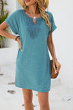 Women Solid Color V-Neck Lace Short Sleeve Pocket Dress