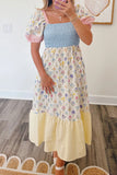 Women Square Neck Dress High Waist Long Dress
