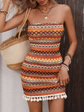 Women Sexy Short Tube Top Striped Fringed Dress
