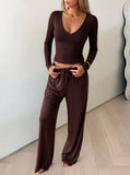 Women Vintage Casual Deep V Slim Sports Suit