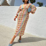 Womens Elegant Printed V-Neck Lantern Sleeve Dress