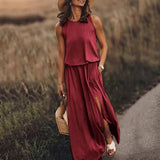Solid Color Round Neck Sleeveless Lantern Split Dress
