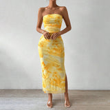 Printed High-waisted Slim Slit Tube Bodycon Dress
