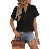 Summer V-neck Button Solid Color Cotton Loose Short-sleeved T-shirt Women