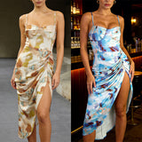 Women Sexy Sleeveless Slim Print Medium and Long Dress