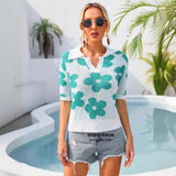Lapel Flower Print Short Sleeve T-Shirt Top