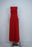 Women Solid Color Pleated Waist Dress Long Dress