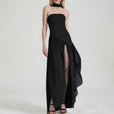 Women's Summer Elegant Slim Fit Solid Color Waist Split Dress