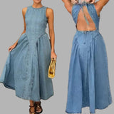 Women's Fashion Solid Color Crew Neck Waist Dress