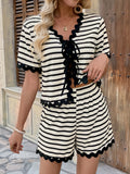 Women's Simple Short-sleeved Striped Cardigan Jacket Shorts Set Two-piece Set