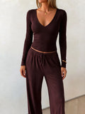 Women Vintage Casual Deep V Slim Sports Suit