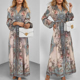 Elegant V-neck Print Long-sleeved Dress Long Dress