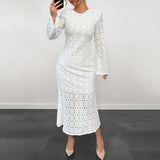Elegant Fishtail Dress Long Sleeve Lace Solid Color Dress