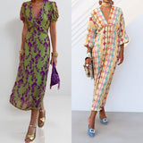 Women's Printed V-Neck Lantern Sleeve Dress