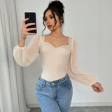 Retro Sexy Onesie Solid Color Mesh Long-sleeved Bodysuit