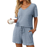 Solid Color Pit Strip Pajamas Short-sleeved Loungewear Set